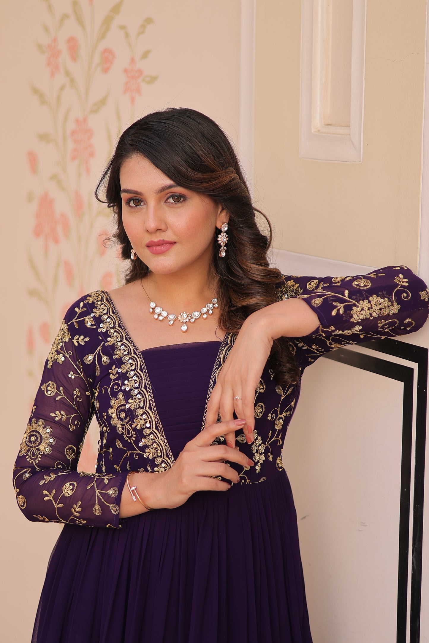 Sequins & Zari Embroidered Faux Blooming 3-Layer Tiered Gown