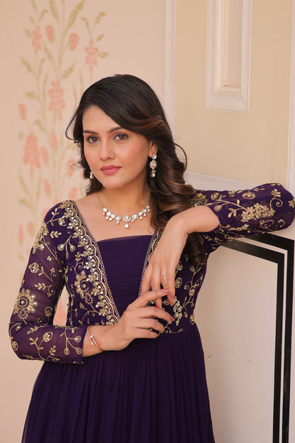 Sequins & Zari Embroidered Faux Blooming 3-Layer Tiered Gown