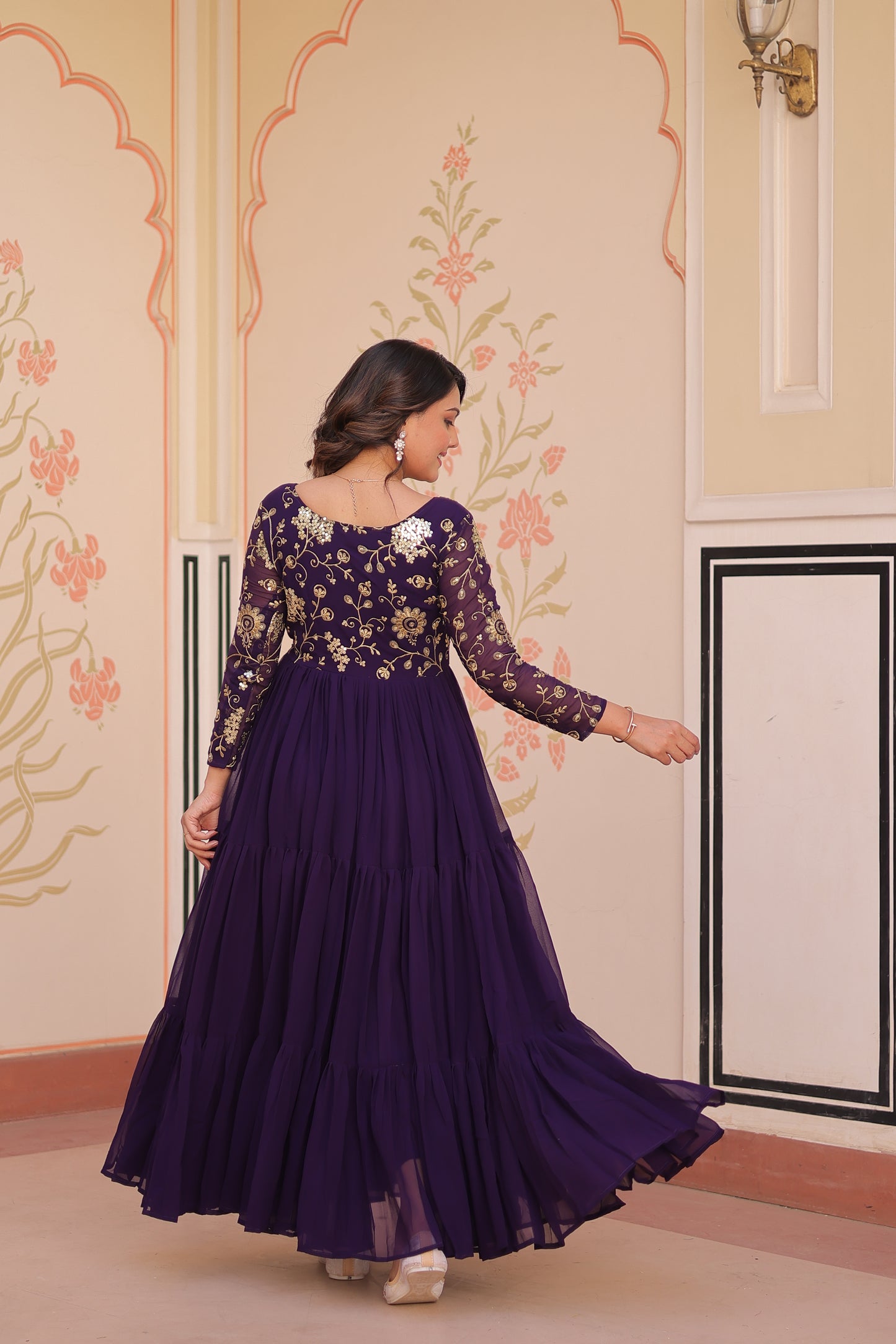 Sequins & Zari Embroidered Faux Blooming 3-Layer Tiered Gown