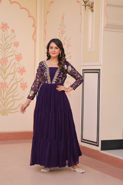 Sequins & Zari Embroidered Faux Blooming 3-Layer Tiered Gown