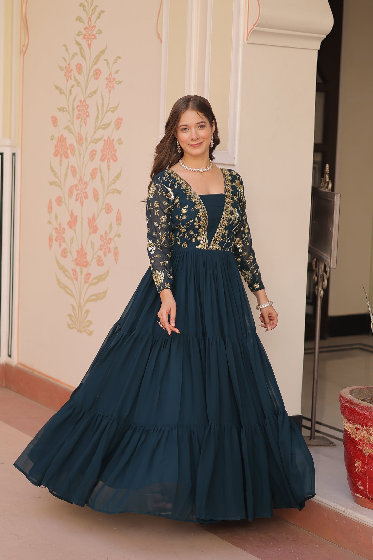 Sequins & Zari Embroidered Faux Blooming 3-Layer Tiered Gown