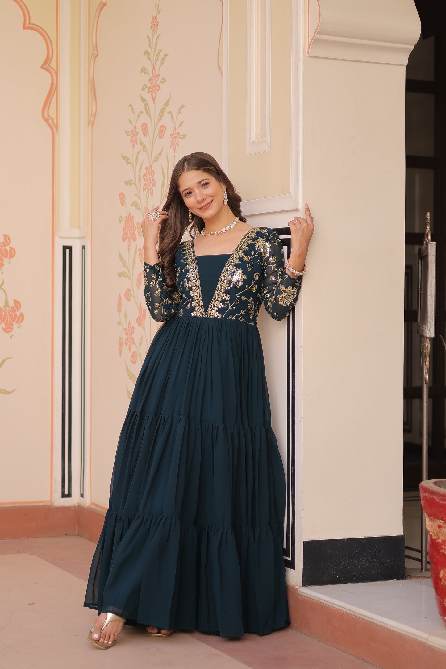 Sequins & Zari Embroidered Faux Blooming 3-Layer Tiered Gown
