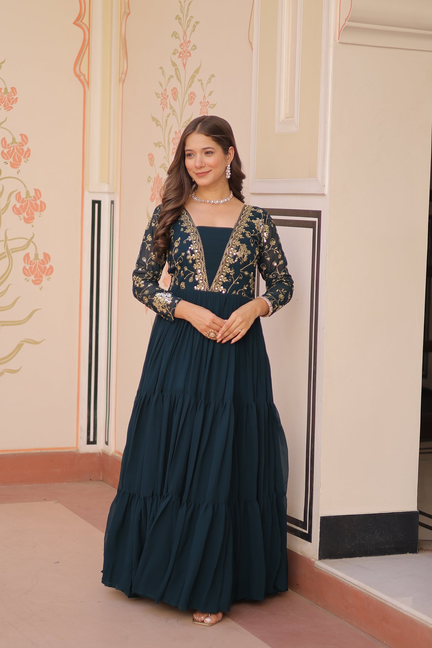 Sequins & Zari Embroidered Faux Blooming 3-Layer Tiered Gown
