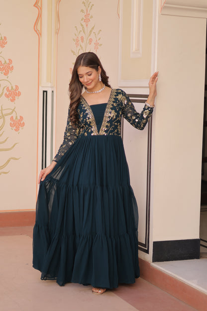 Sequins & Zari Embroidered Faux Blooming 3-Layer Tiered Gown