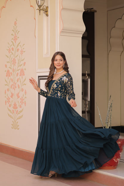 Sequins & Zari Embroidered Faux Blooming 3-Layer Tiered Gown