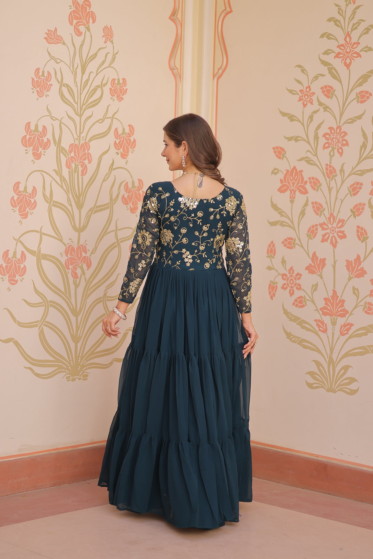 Sequins & Zari Embroidered Faux Blooming 3-Layer Tiered Gown