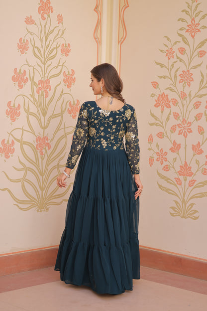 Sequins & Zari Embroidered Faux Blooming 3-Layer Tiered Gown