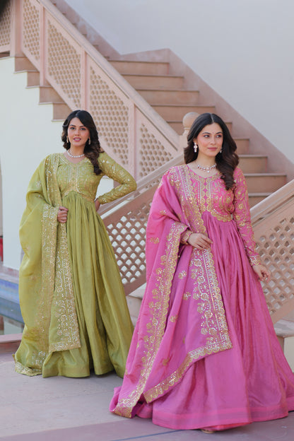 Gold Crush Embroidered Gown With Dupatta Set