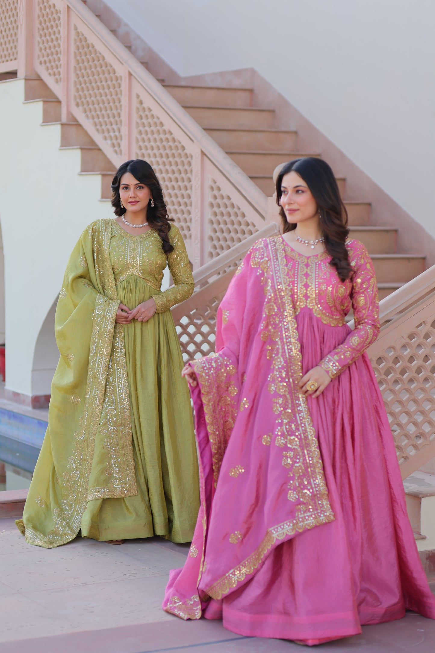 Gold Crush Embroidered Gown With Dupatta Set