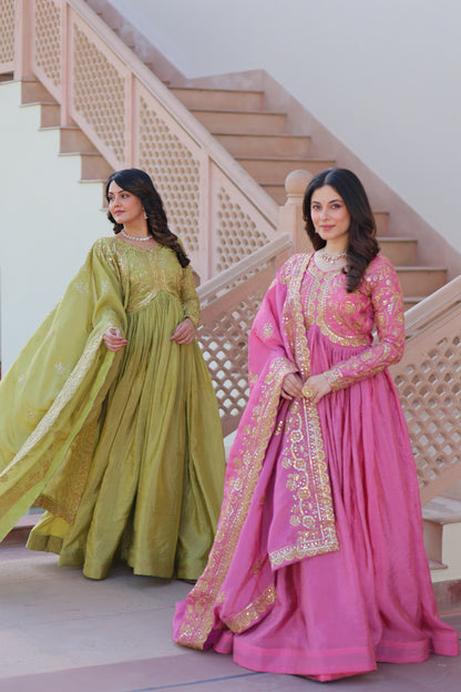 Gold Crush Embroidered Gown With Dupatta Set