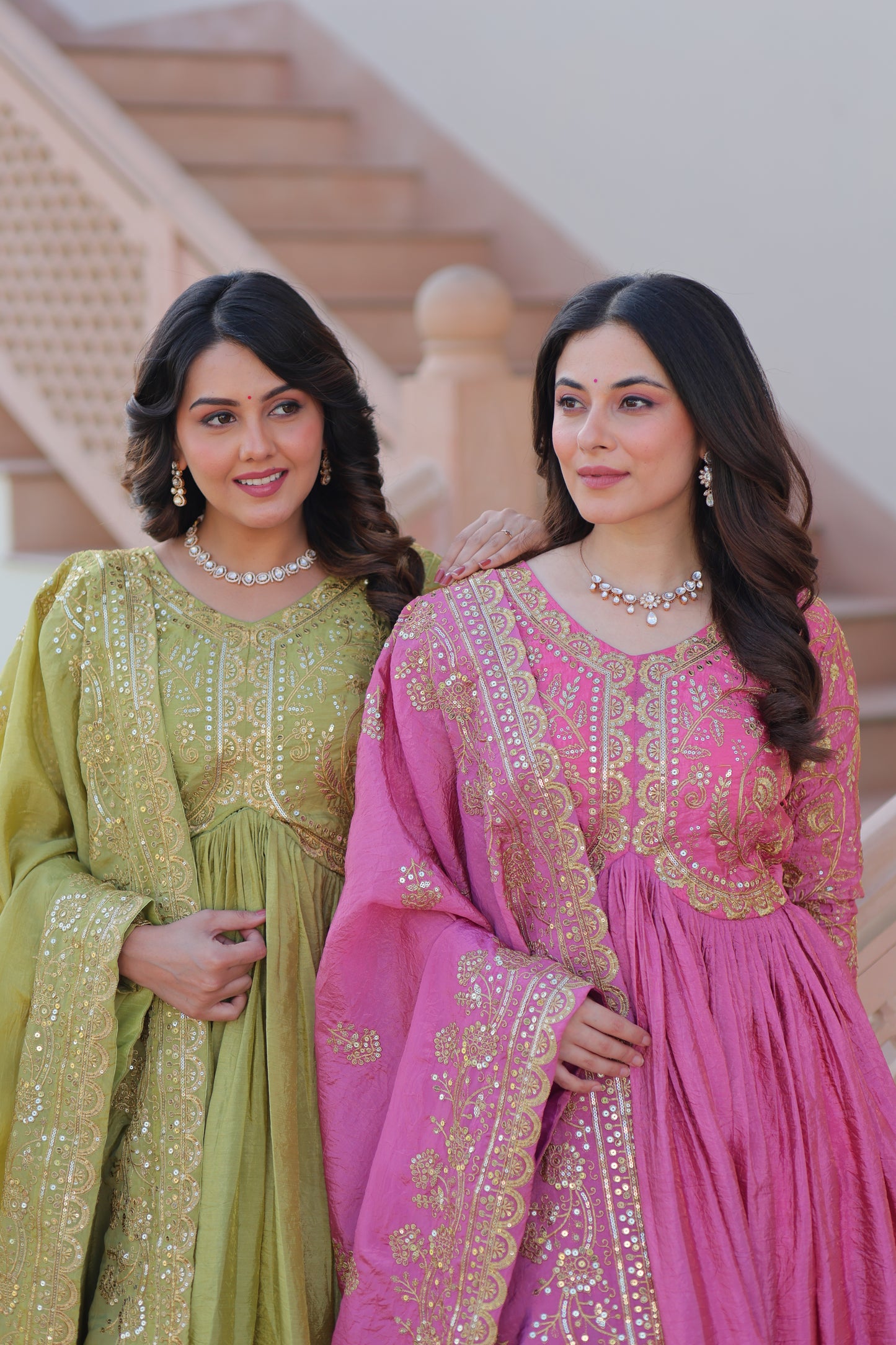 Gold Crush Embroidered Gown With Dupatta Set