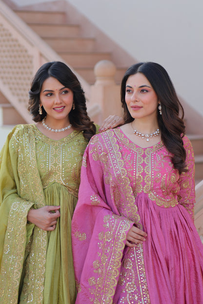 Gold Crush Embroidered Gown With Dupatta Set