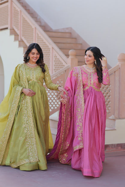 Gold Crush Embroidered Gown With Dupatta Set