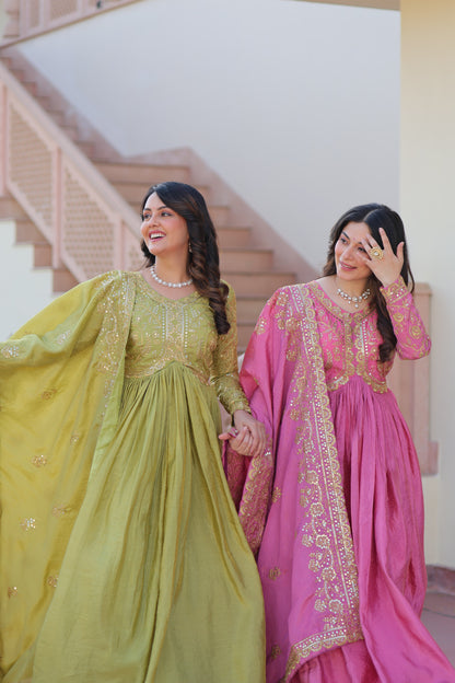 Gold Crush Embroidered Gown With Dupatta Set