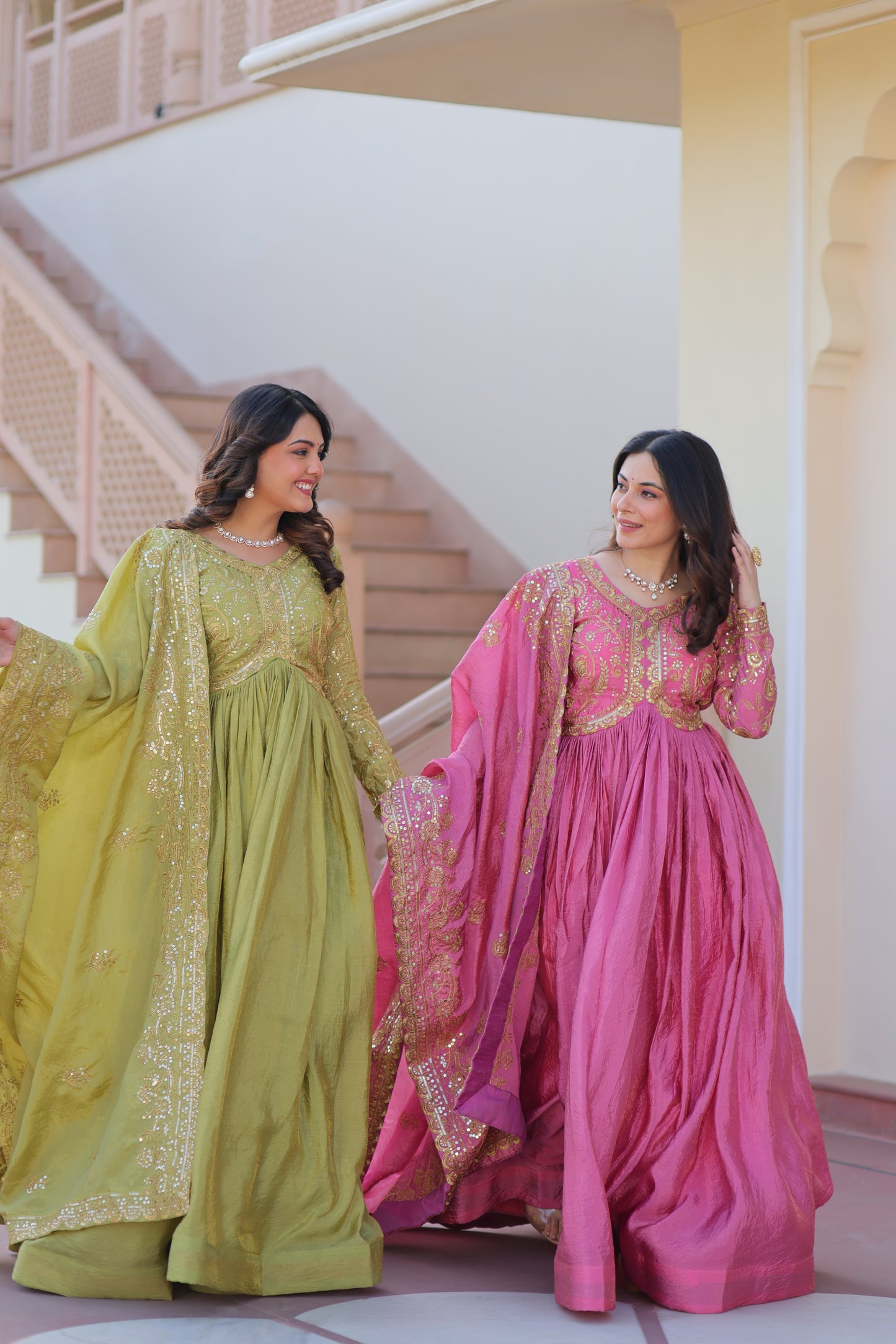 Gold Crush Embroidered Gown With Dupatta Set