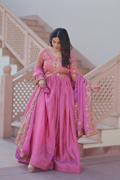 Gold Crush Embroidered Gown With Dupatta Set