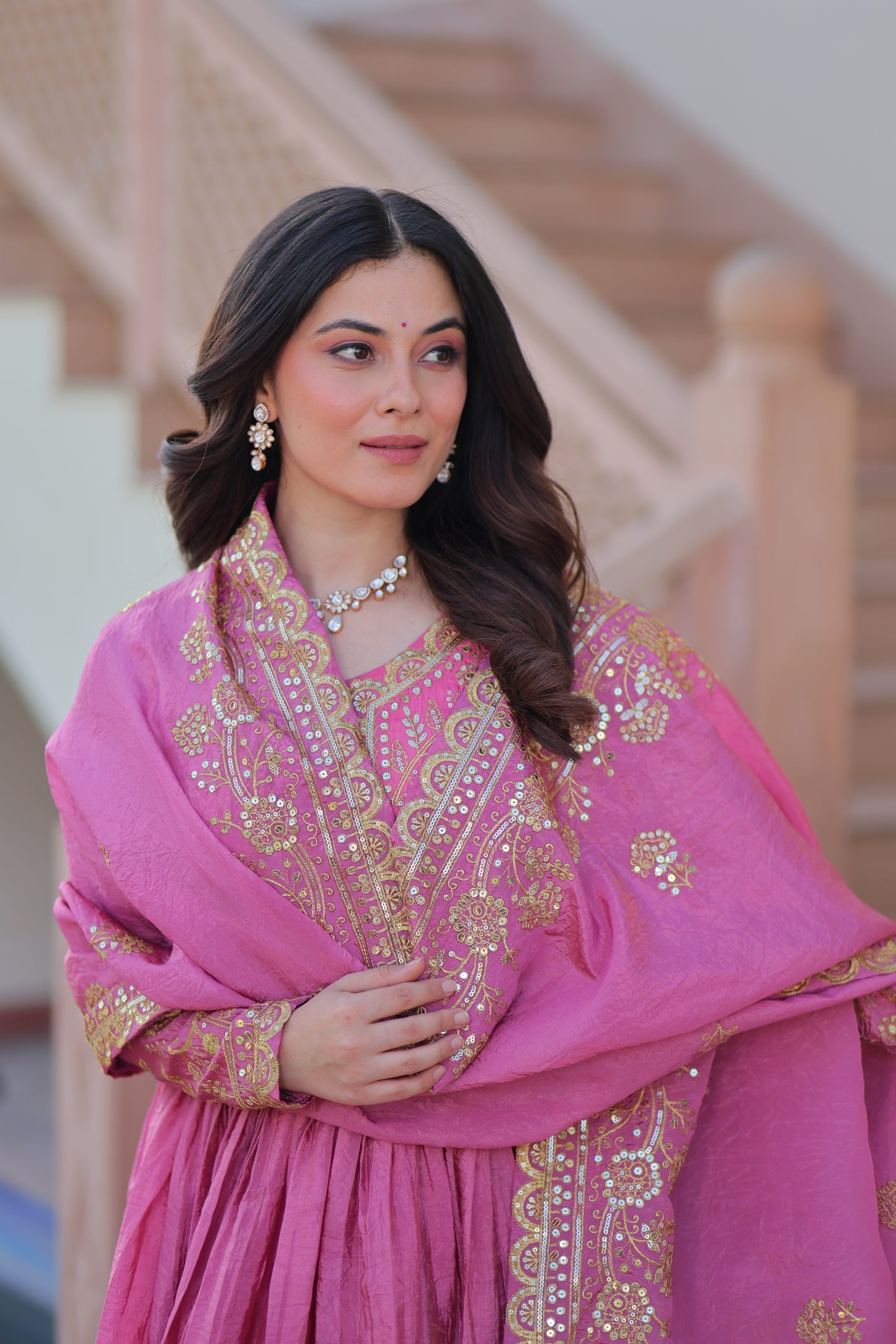 Gold Crush Embroidered Gown With Dupatta Set