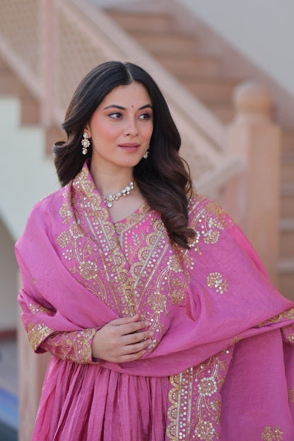 Gold Crush Embroidered Gown With Dupatta Set