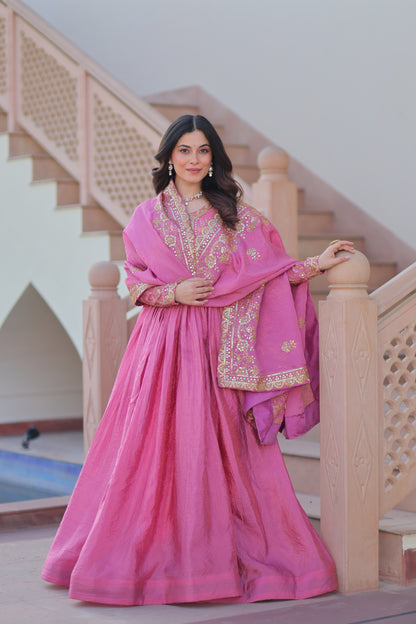 Gold Crush Embroidered Gown With Dupatta Set