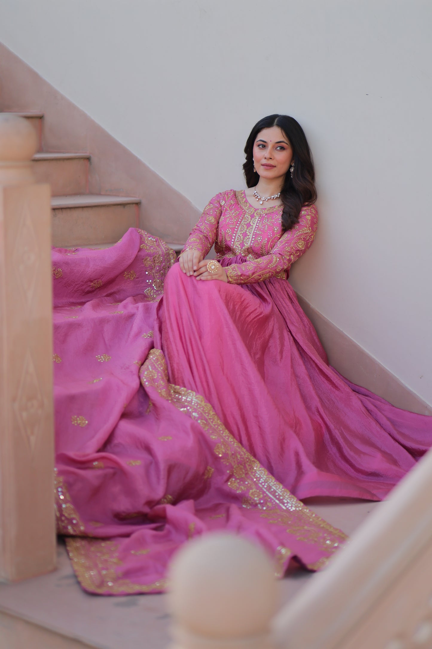 Gold Crush Embroidered Gown With Dupatta Set