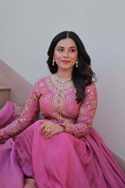 Gold Crush Embroidered Gown With Dupatta Set