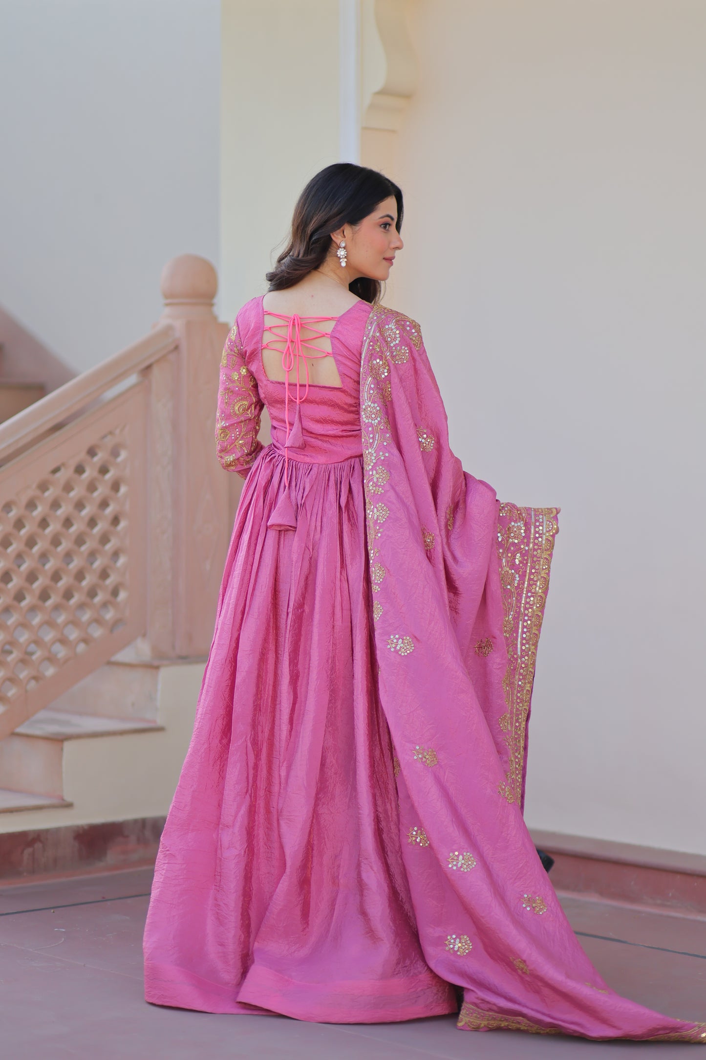 Gold Crush Embroidered Gown With Dupatta Set