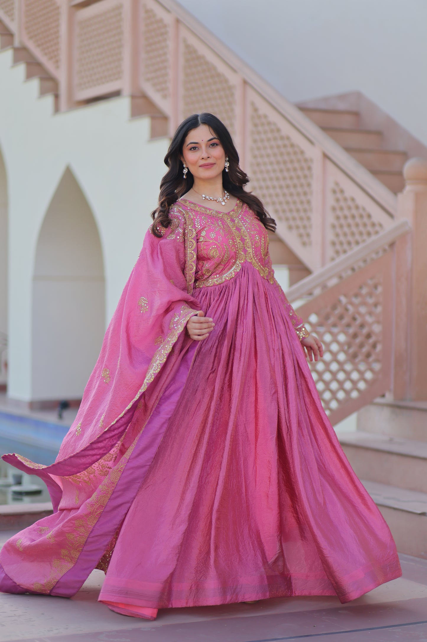 Gold Crush Embroidered Gown With Dupatta Set