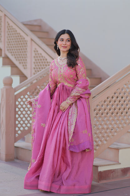 Gold Crush Embroidered Gown With Dupatta Set