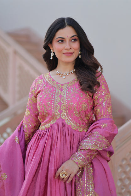 Gold Crush Embroidered Gown With Dupatta Set