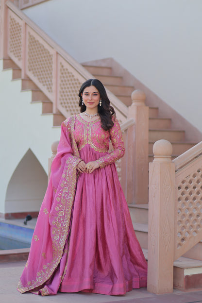Gold Crush Embroidered Gown With Dupatta Set