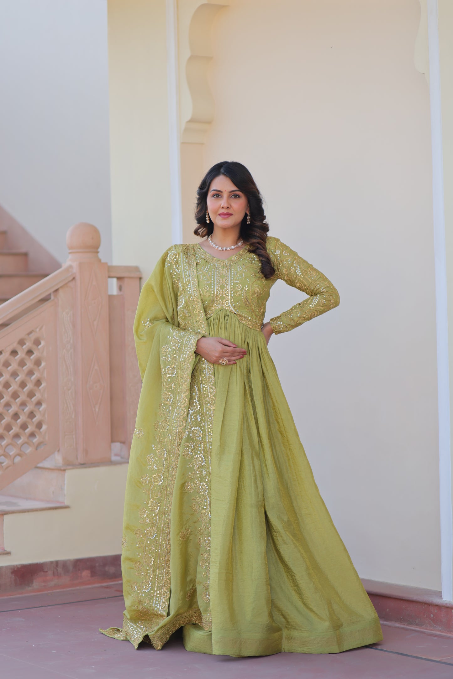 Gold Crush Embroidered Gown With Dupatta Set