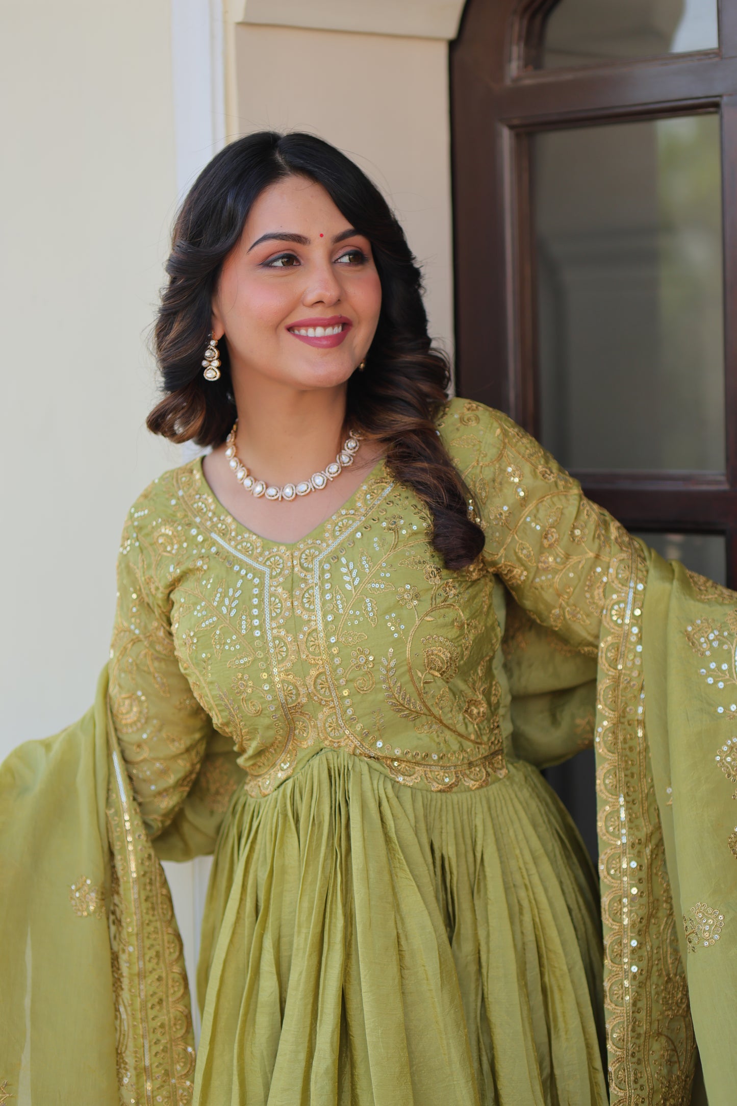 Gold Crush Embroidered Gown With Dupatta Set