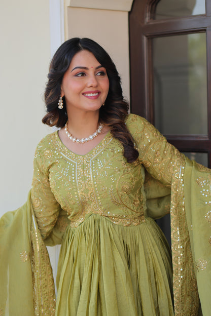 Gold Crush Embroidered Gown With Dupatta Set
