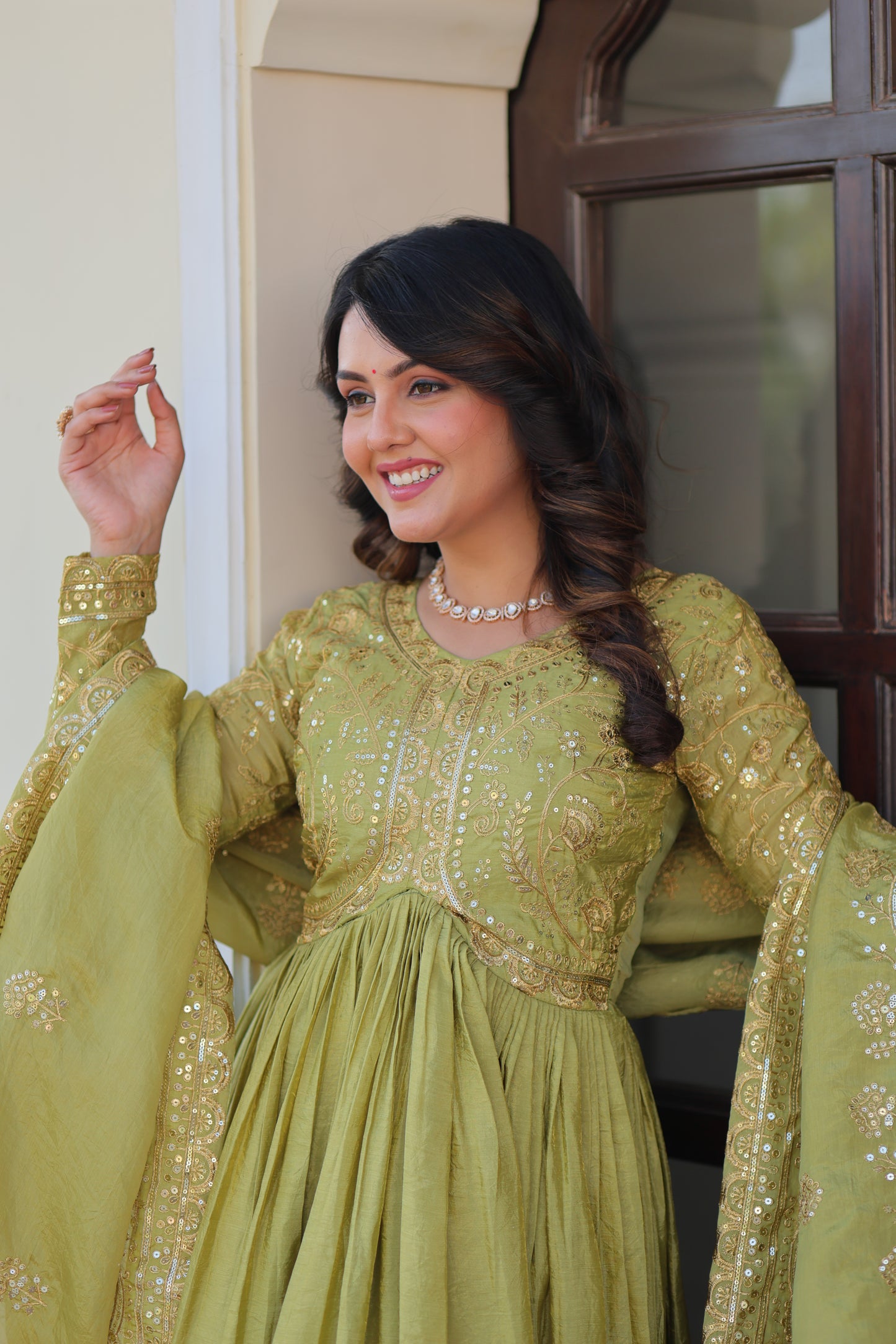 Gold Crush Embroidered Gown With Dupatta Set
