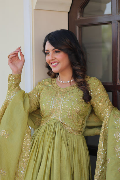 Gold Crush Embroidered Gown With Dupatta Set