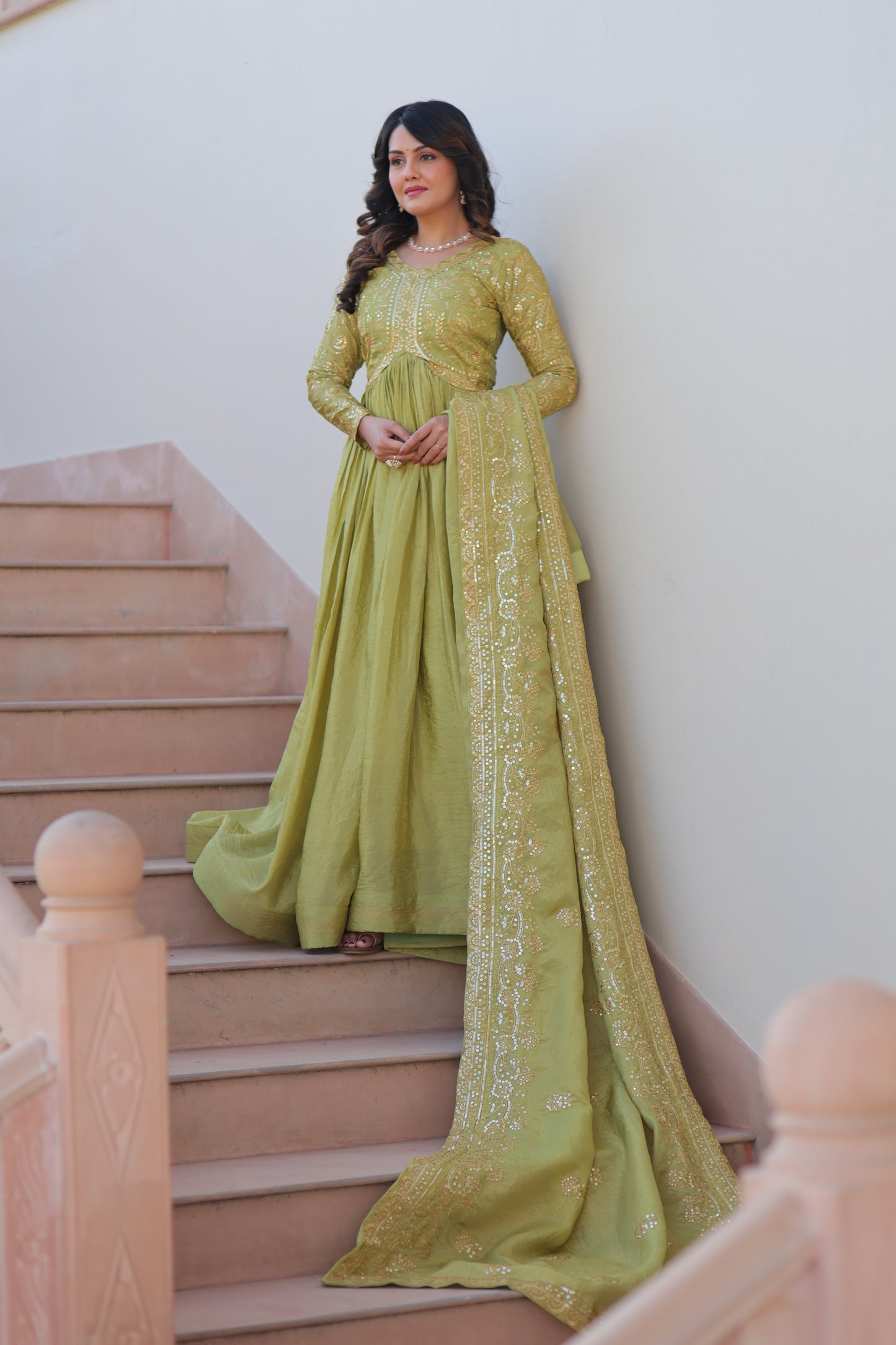 Gold Crush Embroidered Gown With Dupatta Set