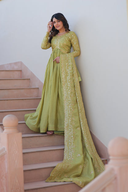 Gold Crush Embroidered Gown With Dupatta Set
