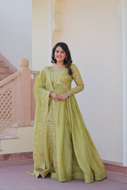 Gold Crush Embroidered Gown With Dupatta Set