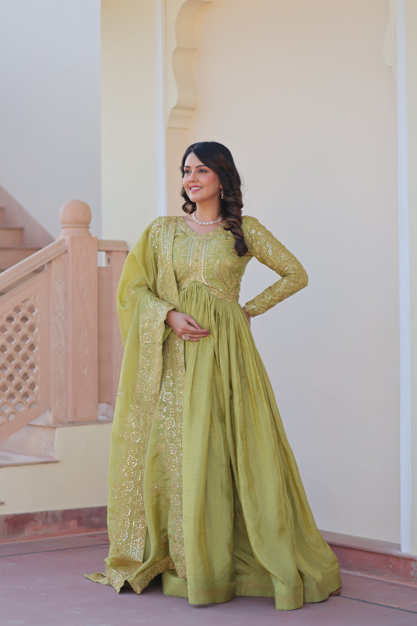 Gold Crush Embroidered Gown With Dupatta Set
