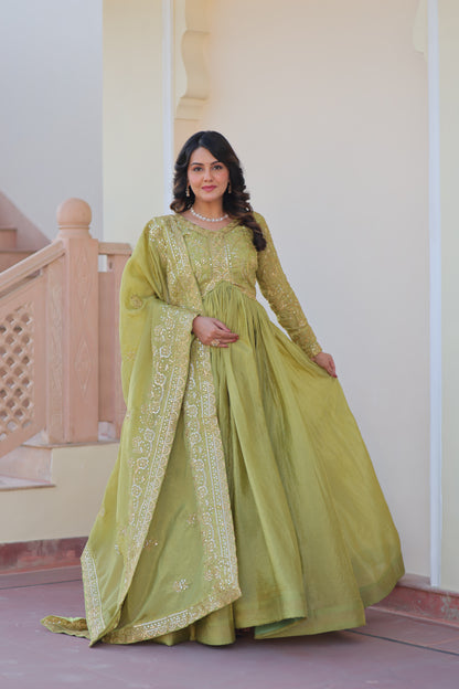 Gold Crush Embroidered Gown With Dupatta Set