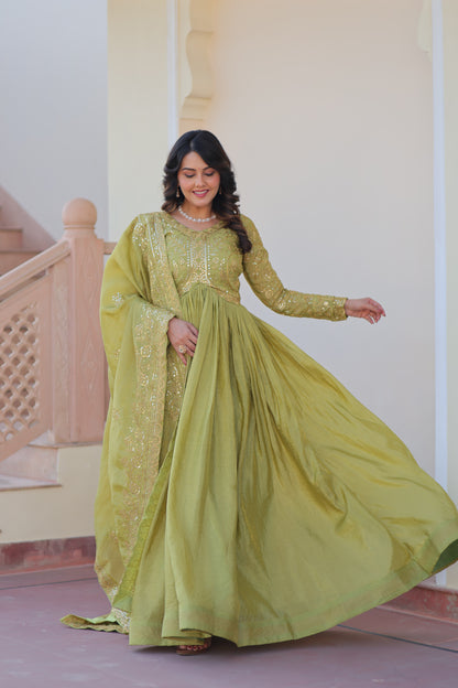 Gold Crush Embroidered Gown With Dupatta Set