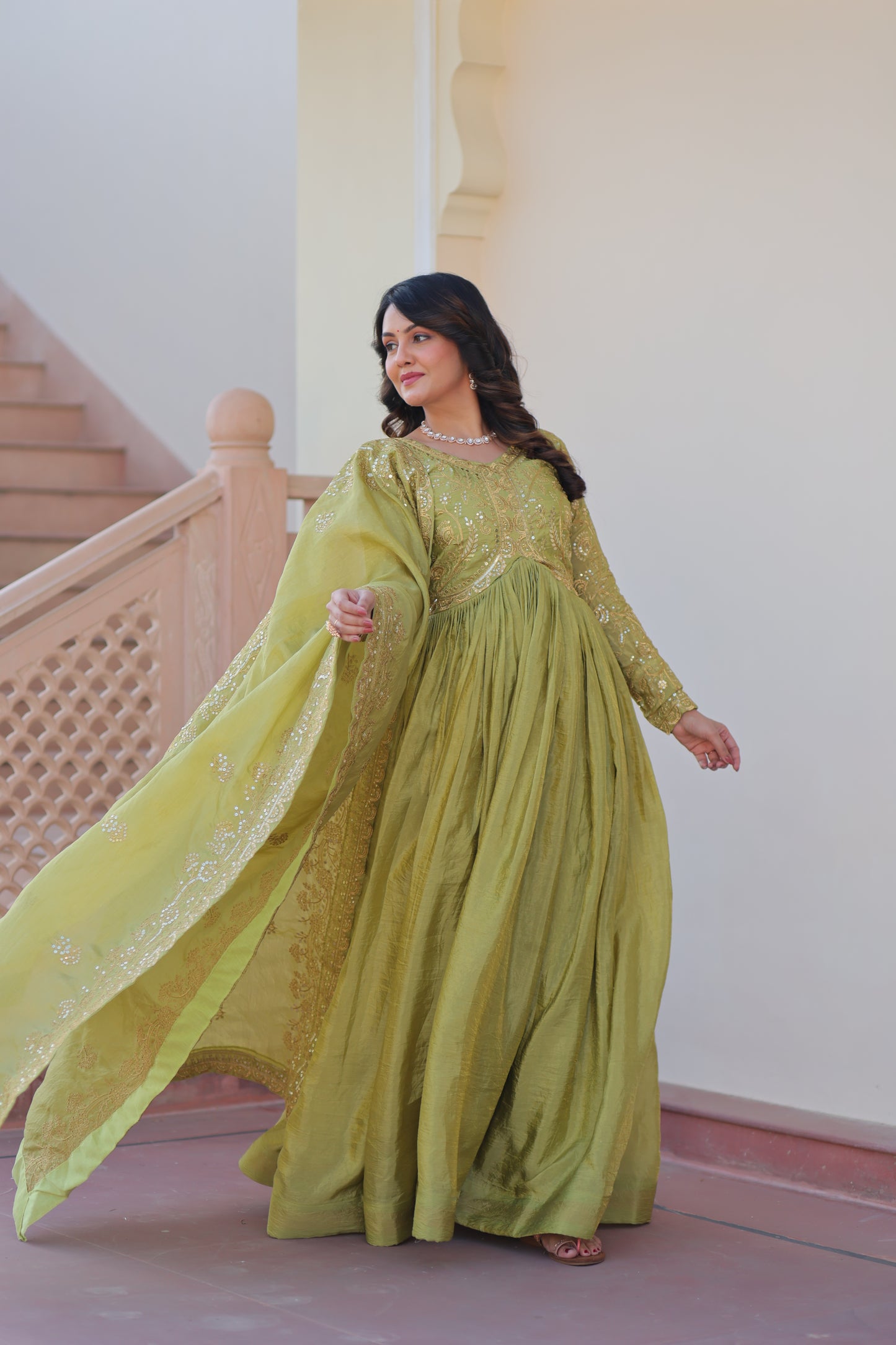 Gold Crush Embroidered Gown With Dupatta Set