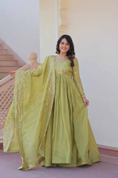 Gold Crush Embroidered Gown With Dupatta Set