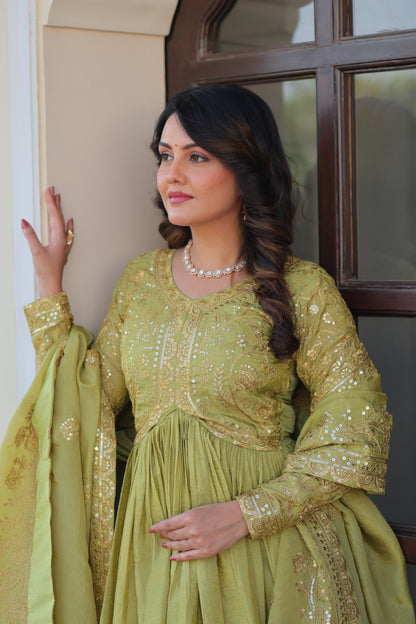 Gold Crush Embroidered Gown With Dupatta Set