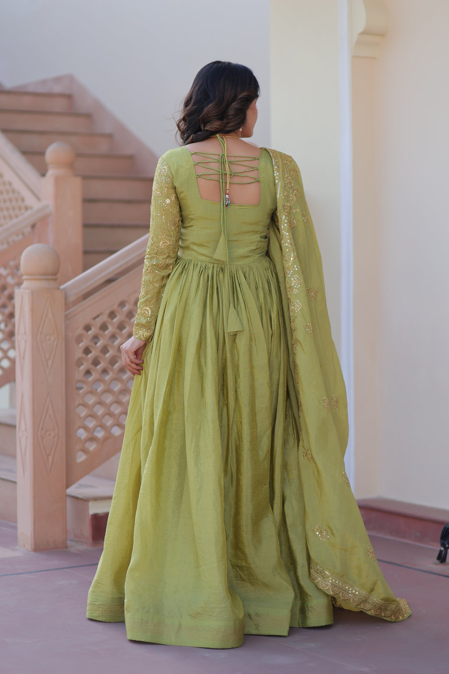 Gold Crush Embroidered Gown With Dupatta Set