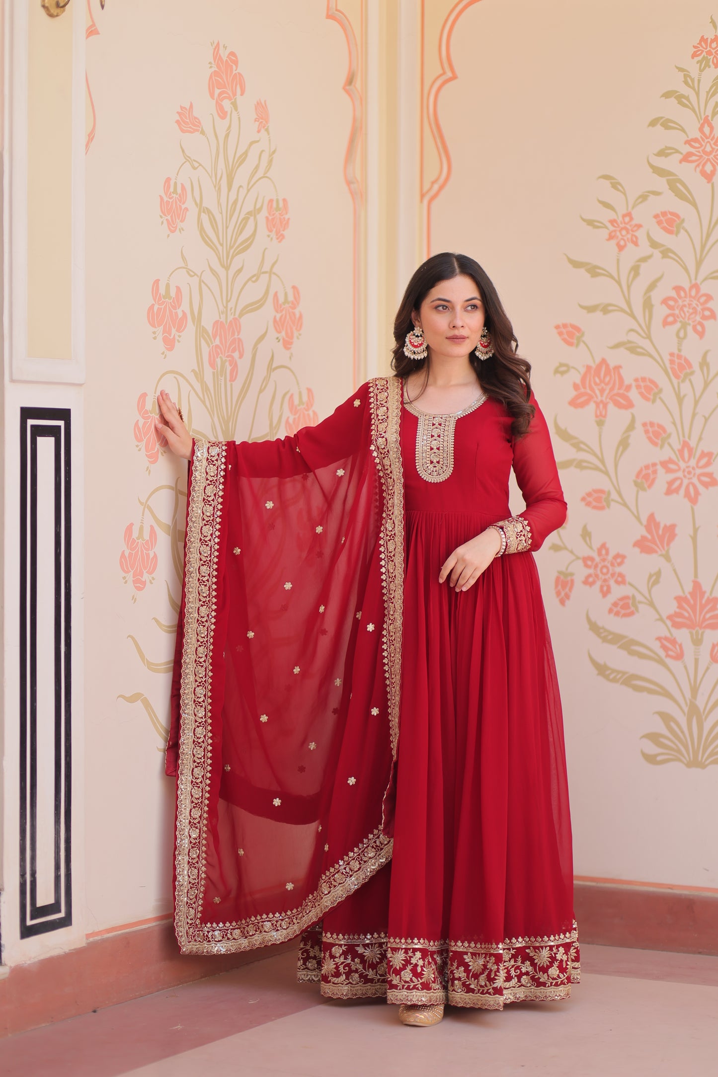Premium Faux Georgette Designer Gown with Embroidery Dupatta