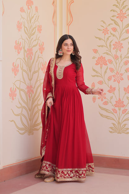 Premium Faux Georgette Designer Gown with Embroidery Dupatta