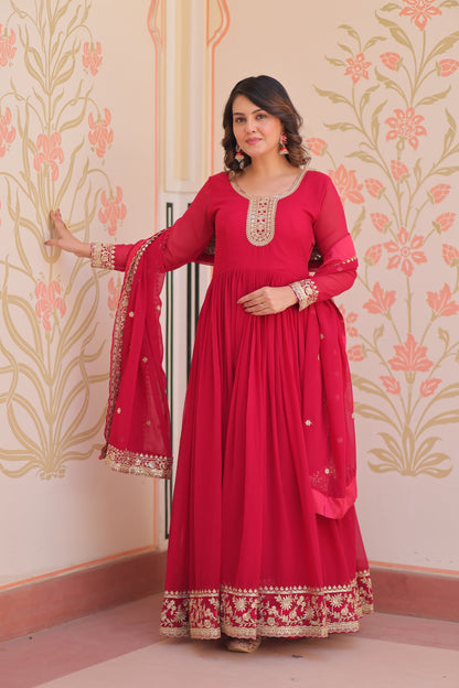 Premium Faux Georgette Designer Gown with Embroidery Dupatta
