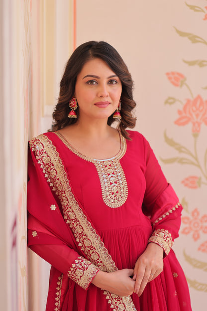 Premium Faux Georgette Designer Gown with Embroidery Dupatta