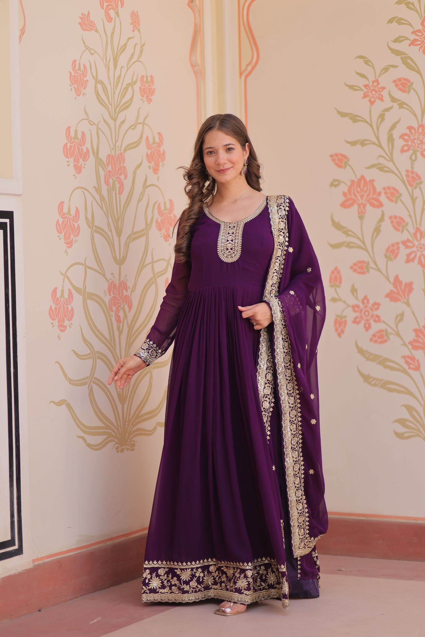 Premium Faux Georgette Designer Gown with Embroidery Dupatta